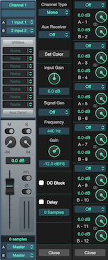 Channel strip views: input section, utilities, inserts, aux sends, fader, pan, and output routing.